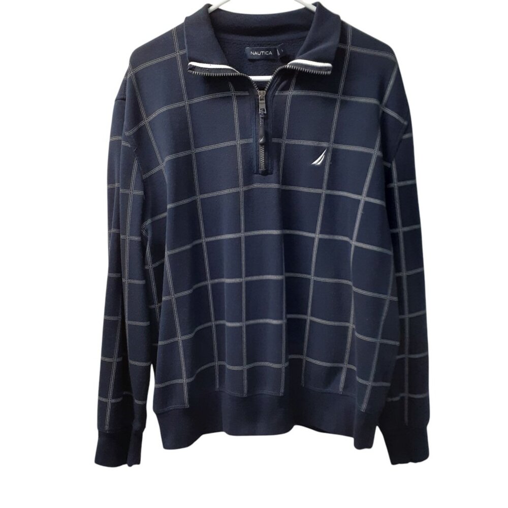 Nautica Pullover  Mens Size Large Navy Plaid Quarter Zip Long Sleeve Great Cond.